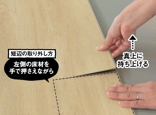 左側の床材を手で押えながら