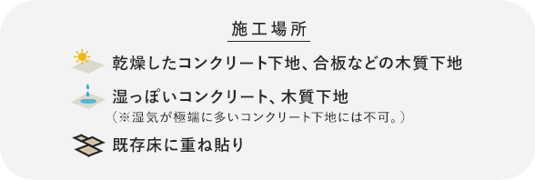 乾燥したコンクリート下地、合板などの木質下地、湿っぽいコンクリート、木質下地、既存床に重ね貼り