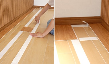 2列目を貼る前に短辺継ぎ目と次の列の両面テープを貼っておく