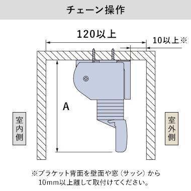 チェーン操作(カーテンボックス内への取付け)の納まり寸法目安