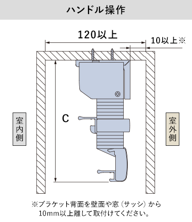 ハンドル操作(カーテンボックス内への取付け)の納まり寸法目安