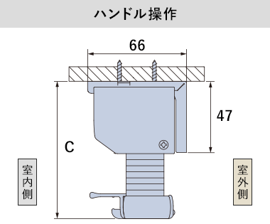 ハンドル操作(天井付け)の納まり寸法目安