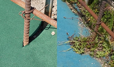 強粘着テープ・接着剤で構造物とのすき間を塞いでいる様子