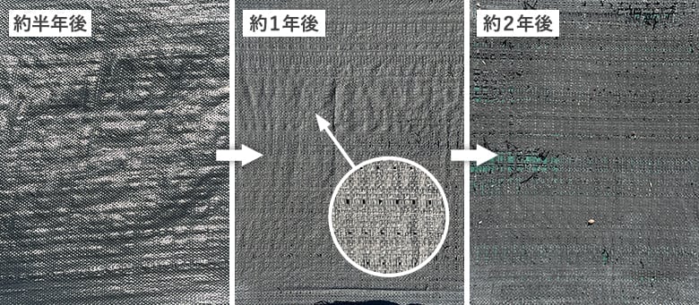 ホームセンターの織布防草シートの経年劣化の状態