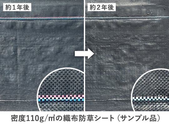 密度110g/㎡の織布防草シート（サンプル品）の経年劣化の状態