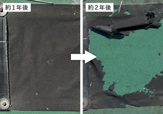 密度120g/㎡の不織布防草シート（サンプル品）の経年劣化の状態