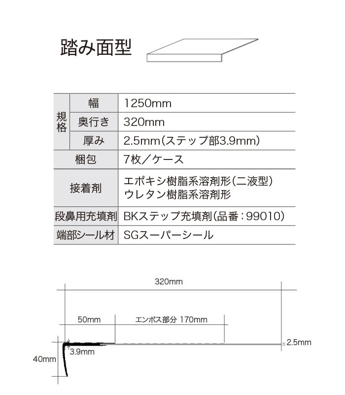 シンコール 防滑性階段用床シート BKステップ 踏み面型 1250mm