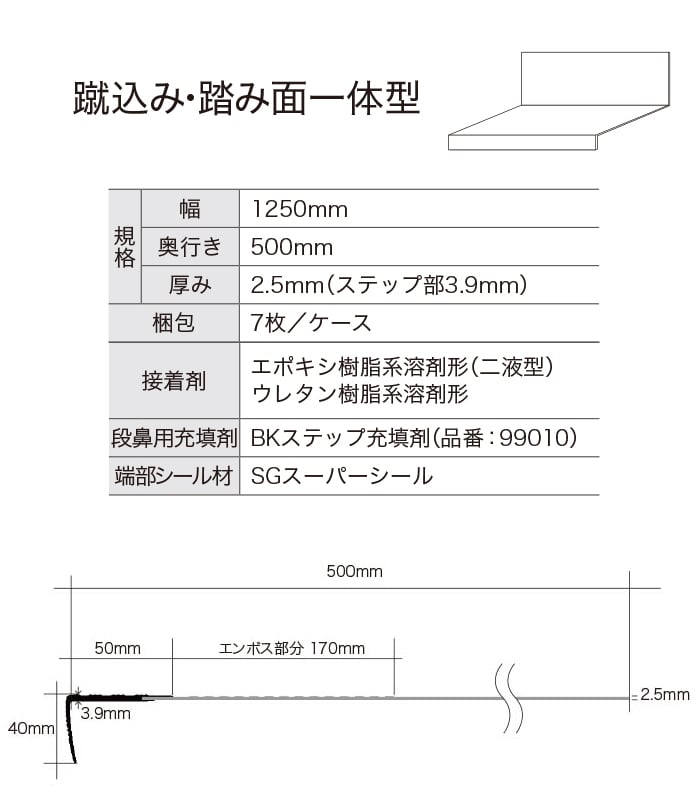 シンコール 防滑性階段用床シート BKステップ 蹴込み・踏み面一体型 1250mm