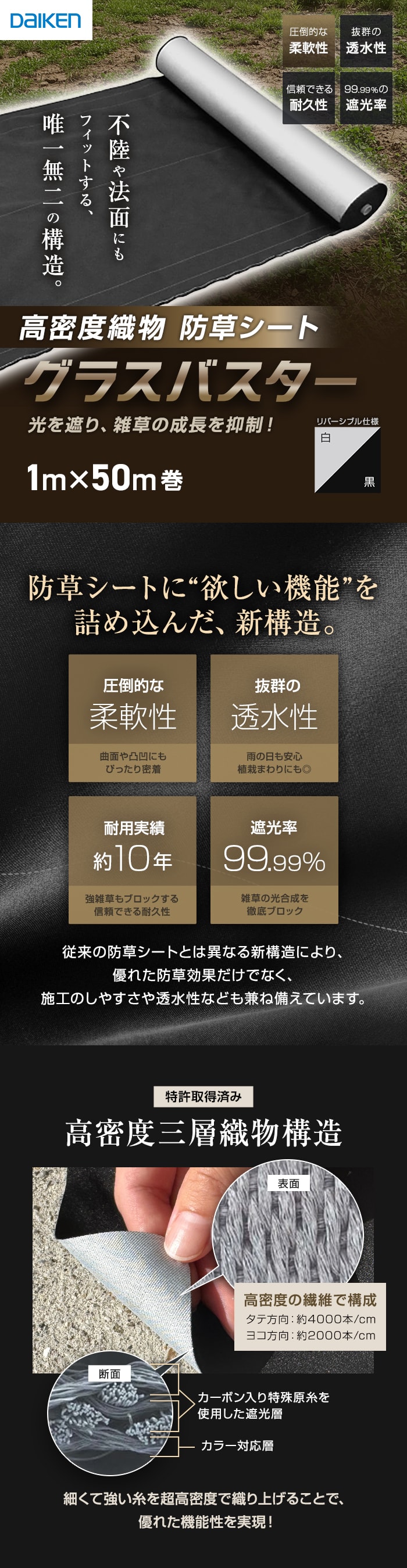 防草シート グラスバスター 白/黒 1m×50m巻 10年耐用 リバーシブル 大建工業