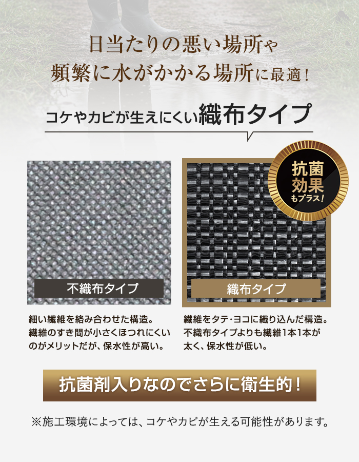 コケやカビが生えにくい織布タイプ