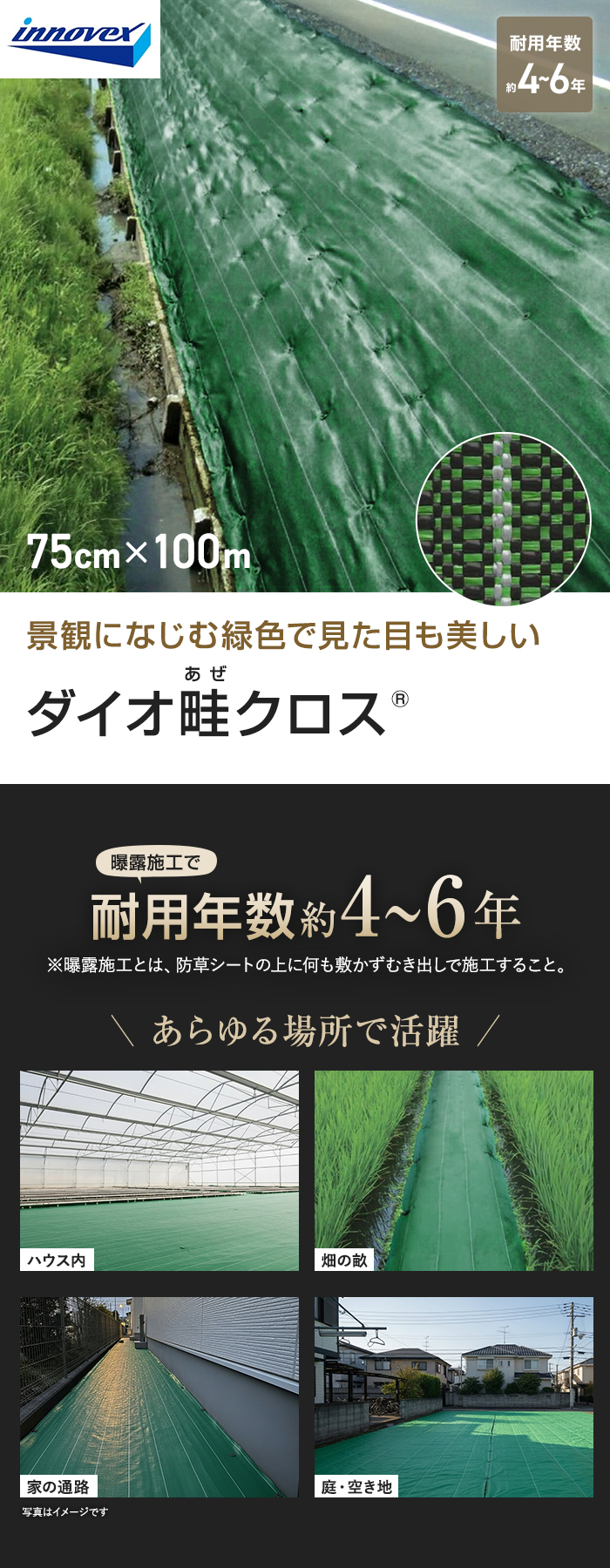 イノベックス 防草シート ダイオ畔クロス 1515BG 0.75m×100m 4~6年