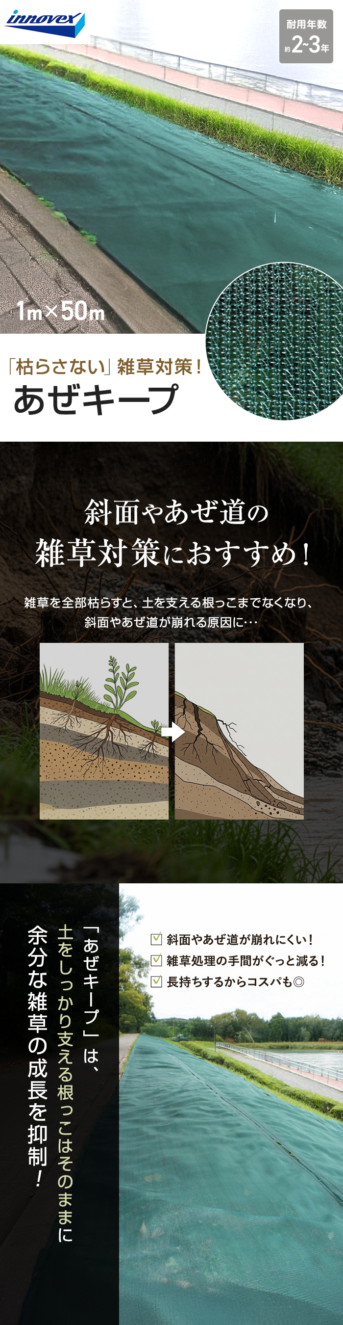 イノベックス 防草シート あぜキープ 1m×50m 4～6年