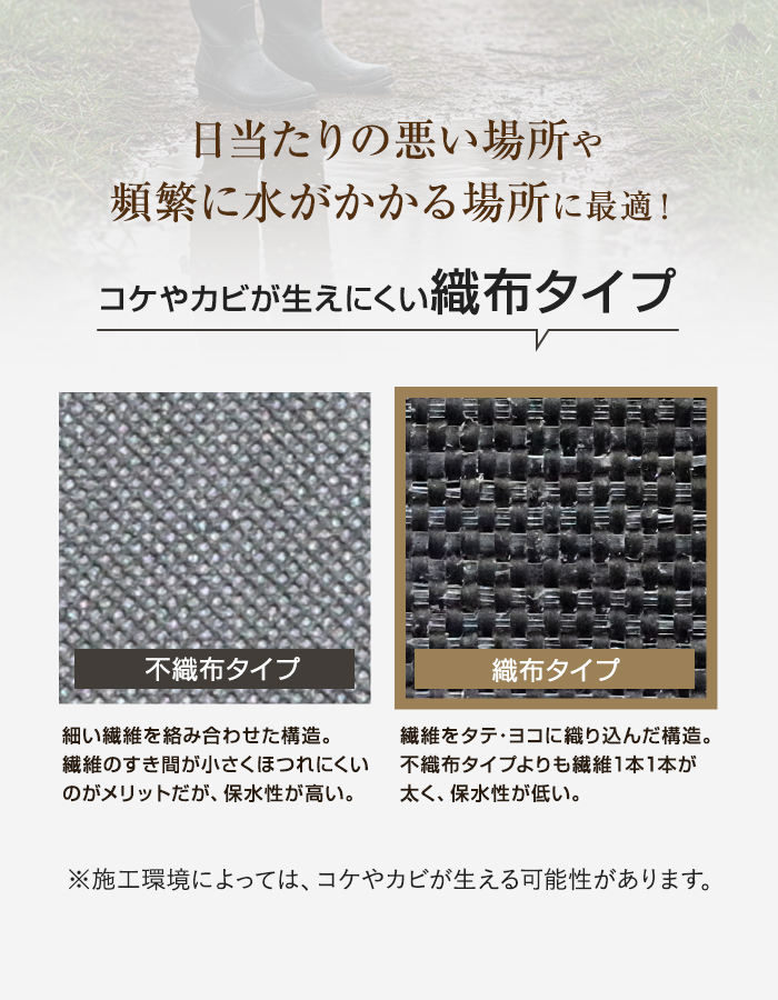 コケやカビが生えにくい織布タイプ