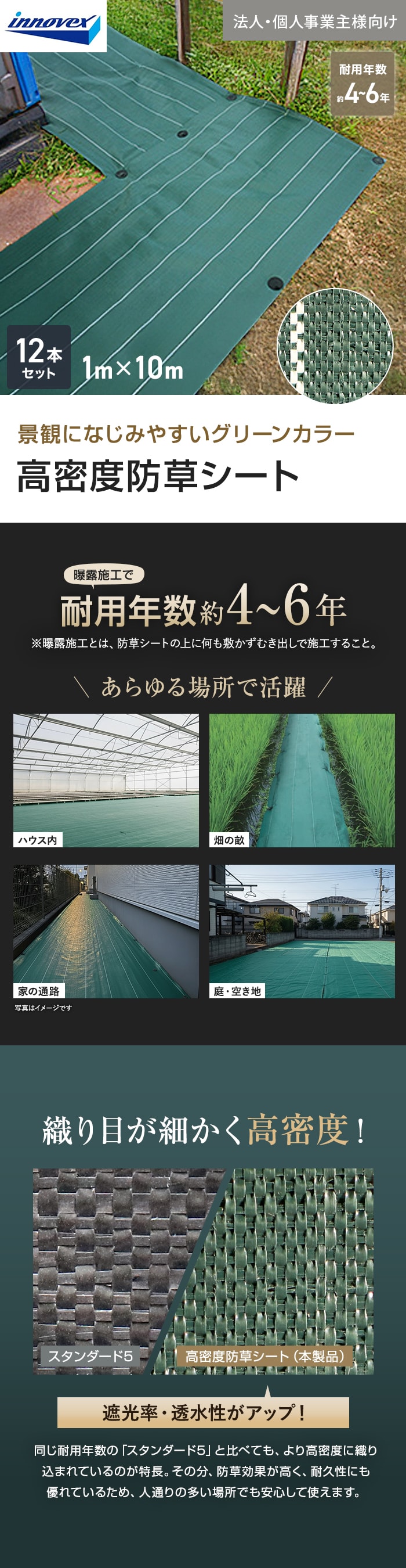 【法人・個人事業主様専用】イノベックス 防草シート 高密度防草シート 1m×10m 12本セット 4~6年