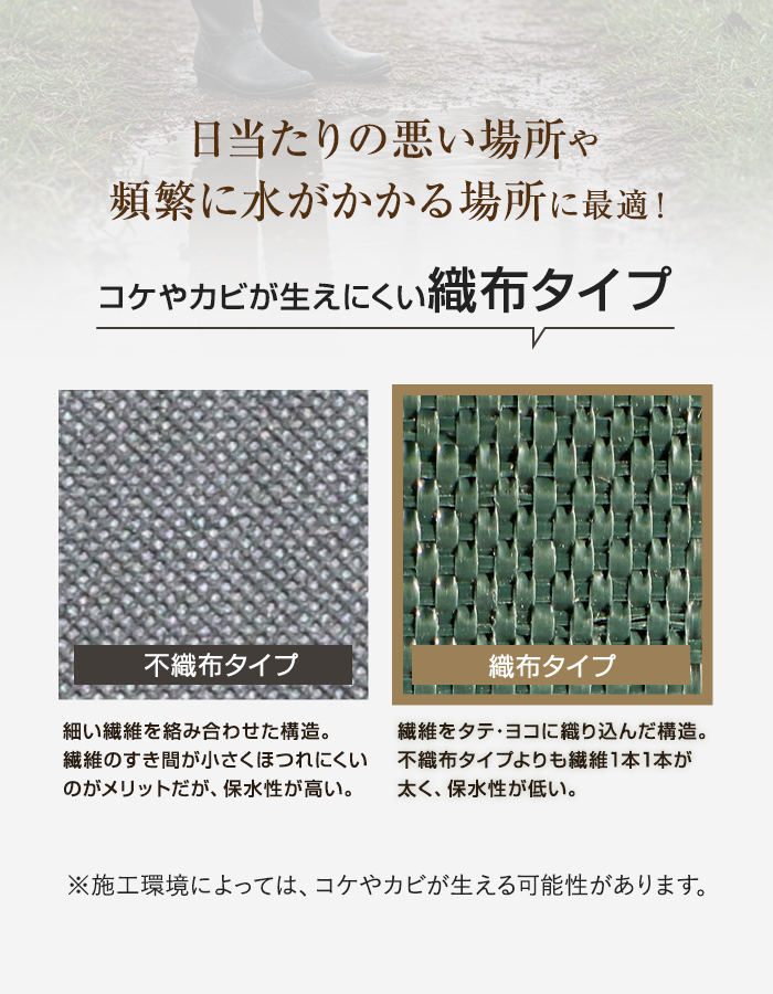 コケやカビが生えにくい織布タイプ