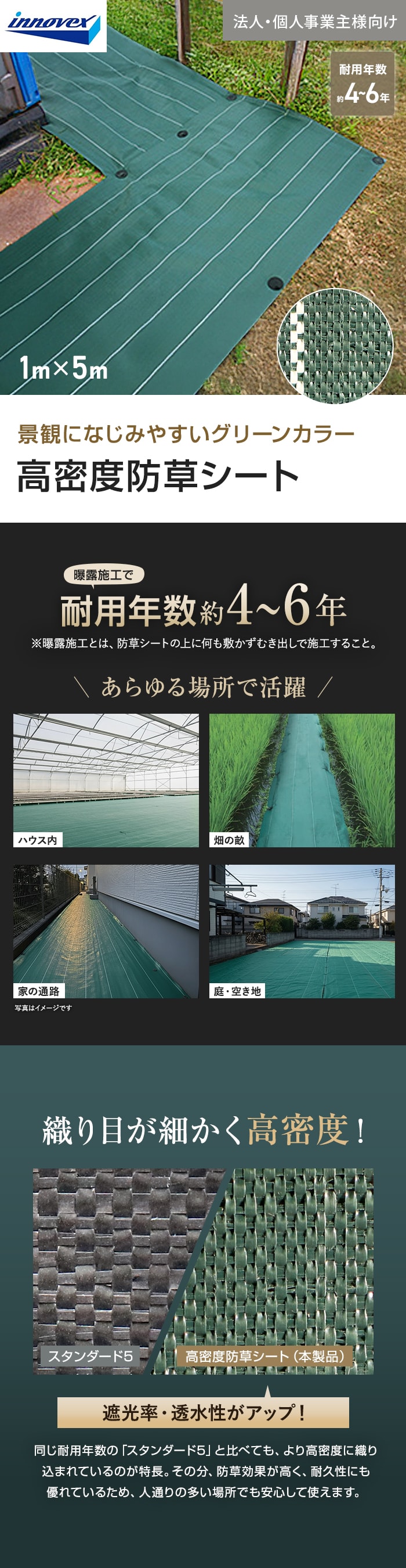 【法人・個人事業主様専用】イノベックス 防草シート 高密度防草シート 1m×5m 4～6年