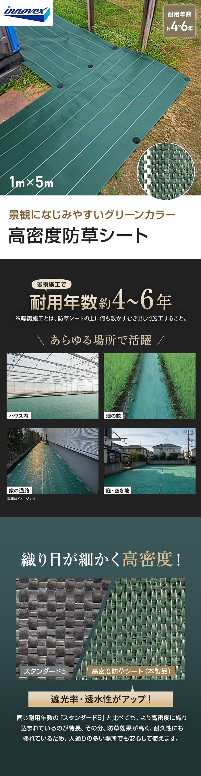 イノベックス 防草シート 高密度防草シート 1m×5m 4~6年
