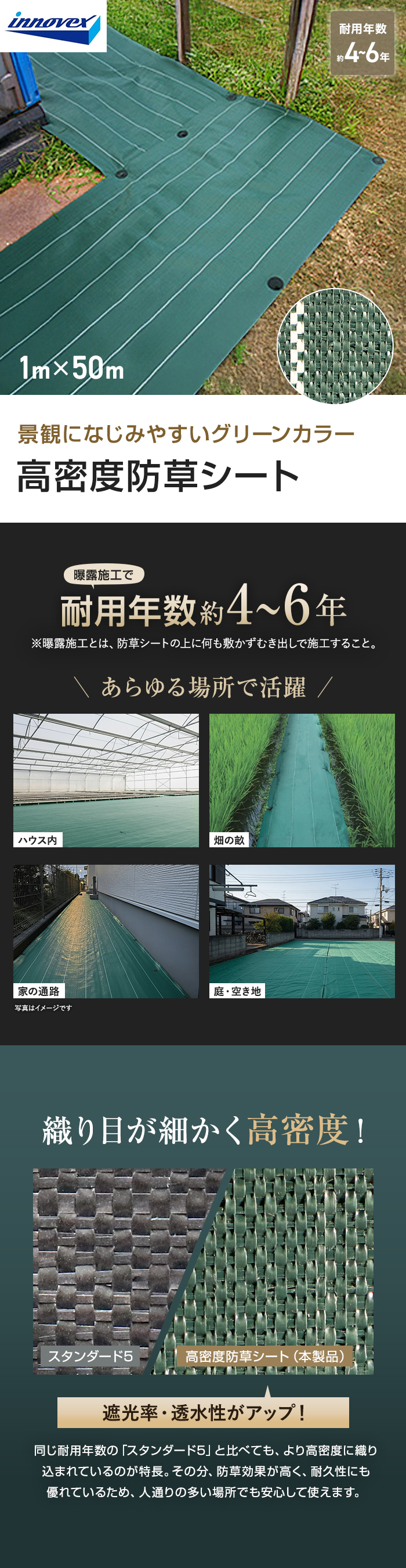 イノベックス 防草シート 高密度防草シート 1m×50m 4~6年
