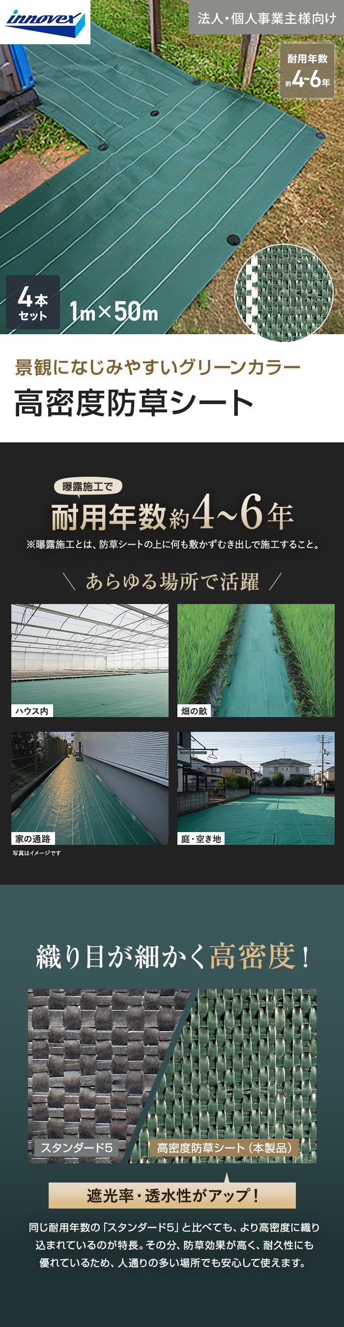 【法人・個人事業主様専用】イノベックス 防草シート 高密度防草シート 1m×50m 4本セット 4～6年