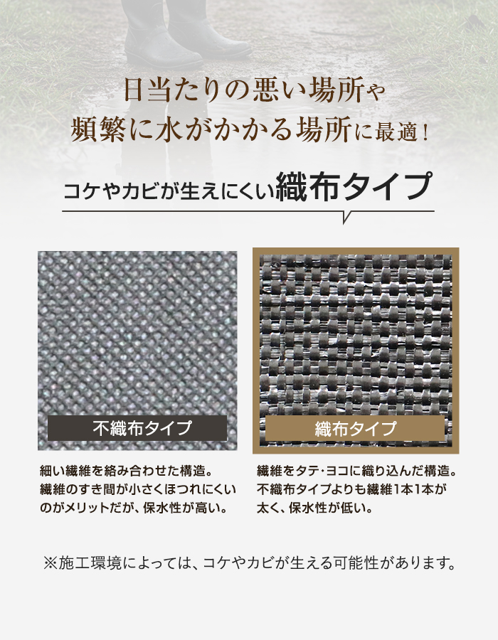 コケやカビが生えにくい織布タイプ