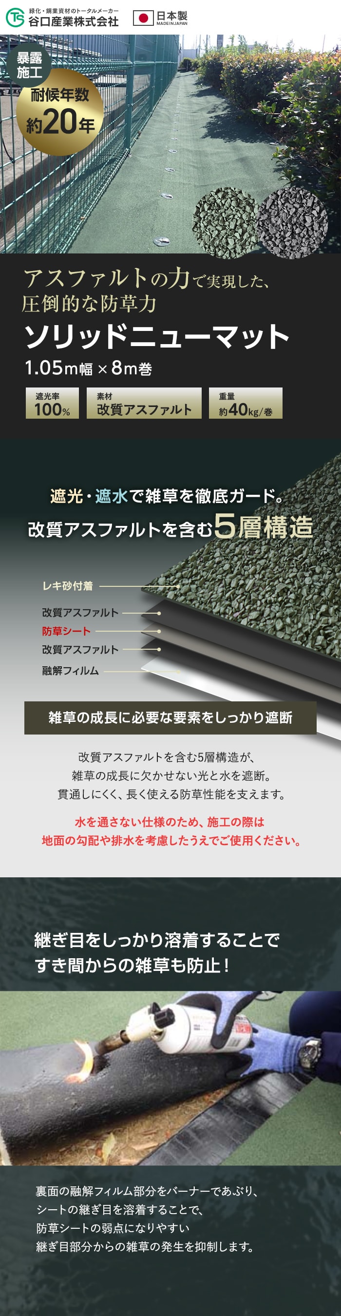 谷口産業 防草シート 耐候年数約20年 ソリッドニューマット 1.05m×8m