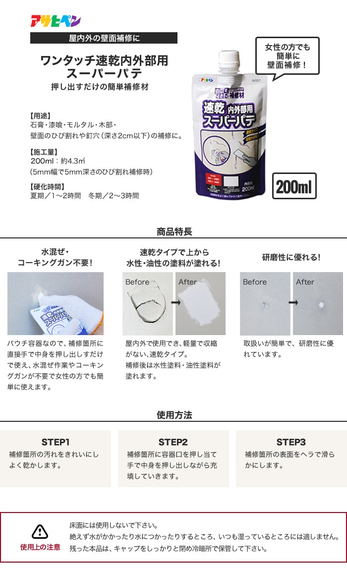 ワンタッチ速乾内外部用スーパーパテ 200ml ホワイト | 下地処理材・補修材の通販 | DIYショップRESTA