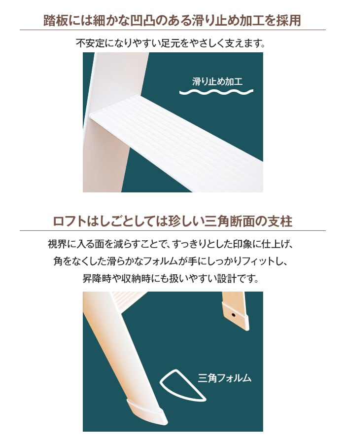 滑り止め加工の踏板と三角断面の支柱