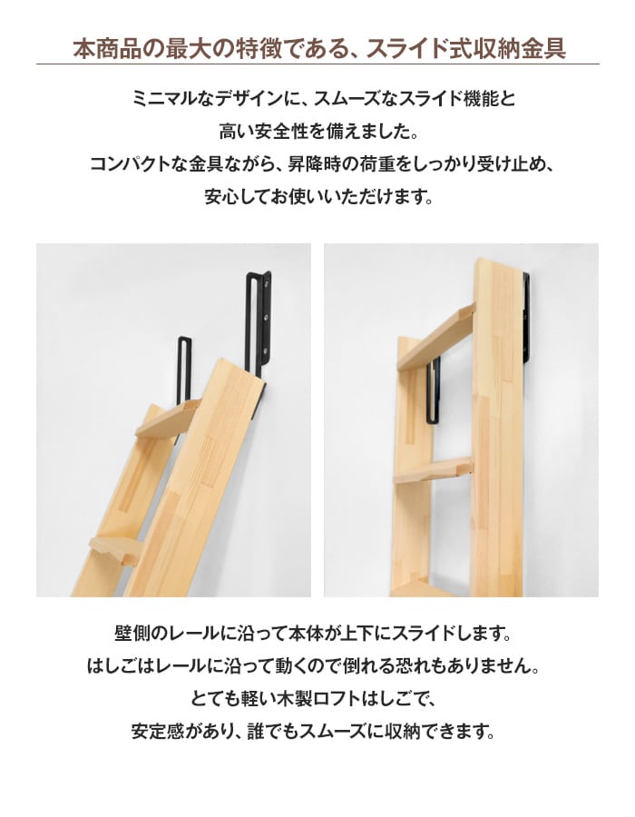本商品の最大の特徴であるスライド式収納金具
