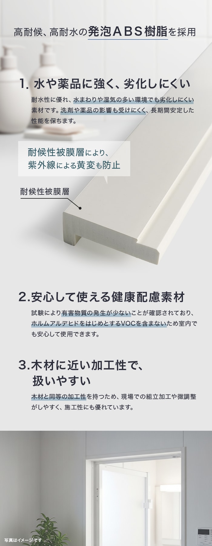 高耐候、抗耐水の発砲ABS樹脂を採用