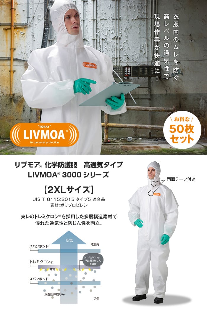 東レ 高通気タイプ化学防護服 リブモア(LIVMOA3000) 2XLサイズ お得な50枚セット
