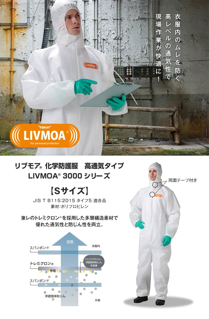 東レ 高通気タイプ化学防護服 リブモア(LIVMOA3000) Sサイズ