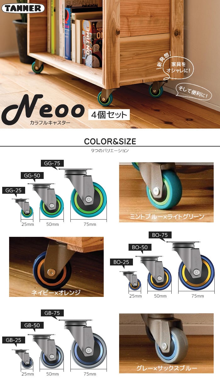 キャスター 車輪 カラフルキャスター Neoo 4個セット 直径50mm