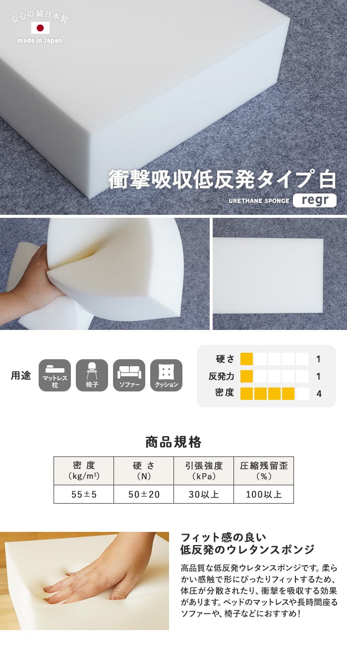 【オーダーカット】ウレタンスポンジ 衝撃吸収低反発タイプ 白