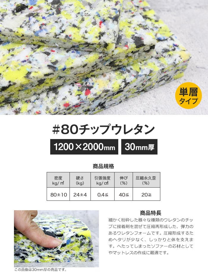 #80チップウレタン単層タイプ 30mm厚 1200×2000mm