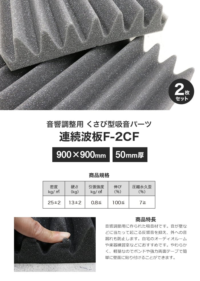 音響調整用 連続波板F-2CF くさび型吸音パーツ 50mm厚 900×900mm 2枚セット