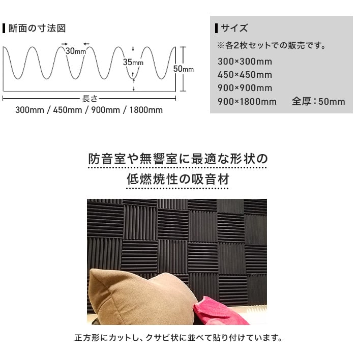 音響調整用 連続波板F-2CF くさび型吸音パーツ 50mm厚 900×900mm 2枚セット