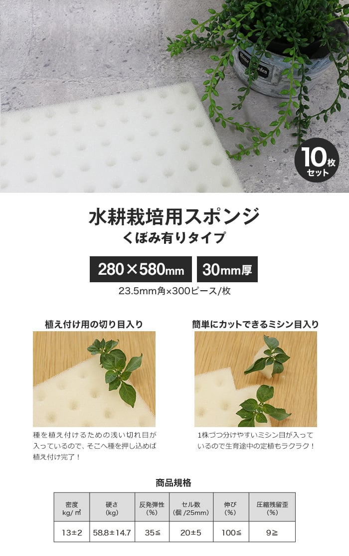 水耕栽培用スポンジ くぼみ有りタイプ 30mm厚 280×580mm 10枚セット