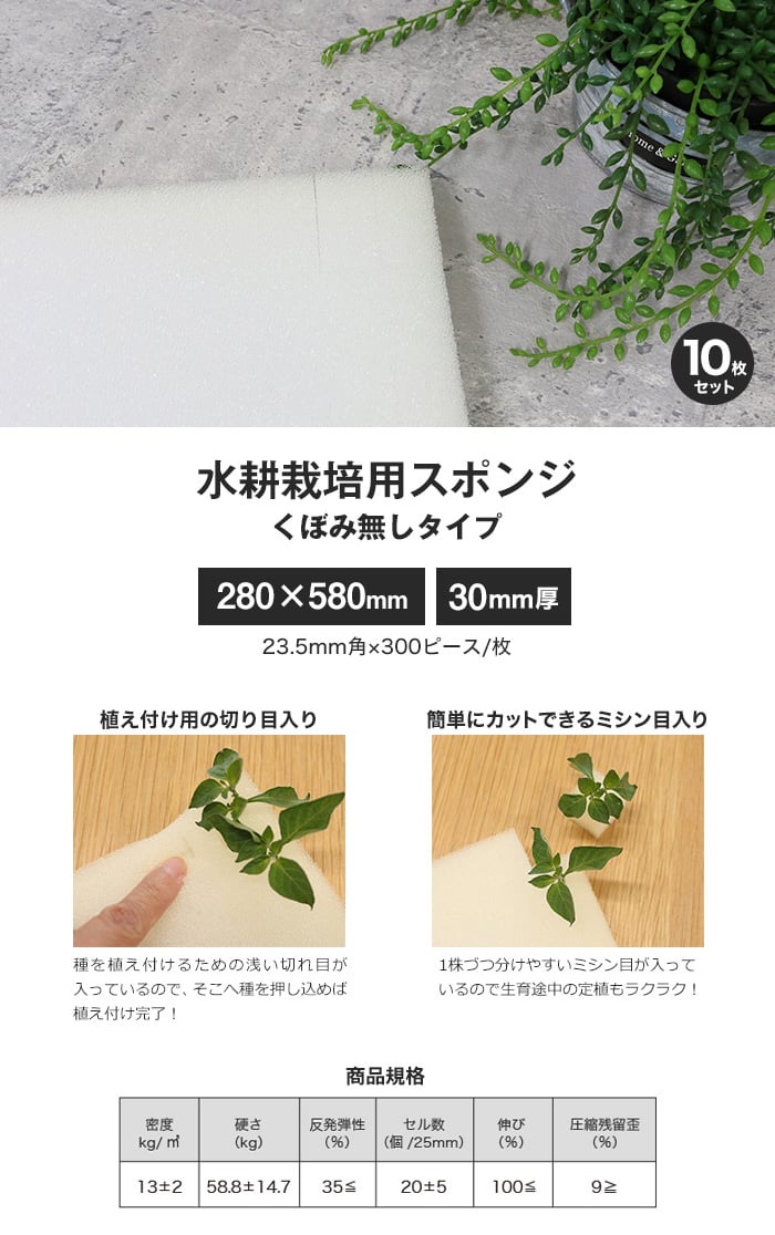 水耕栽培用スポンジ くぼみ無しタイプ 30mm厚 280×580mm 10枚セット