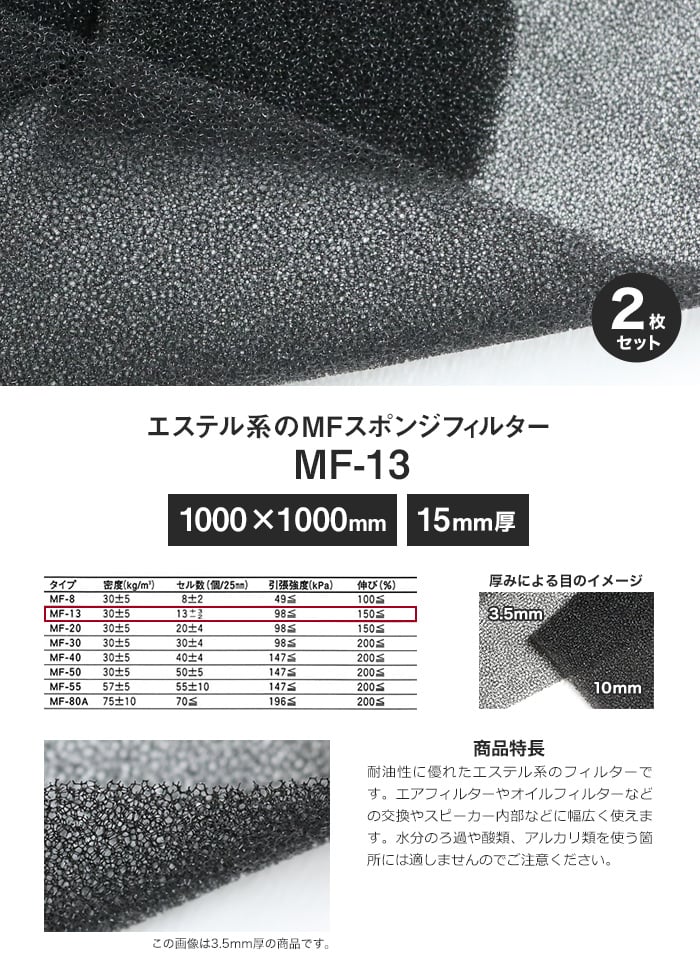エステル系のMFスポンジフィルター MF-13 15mm厚 1000×1000mm 2枚セット