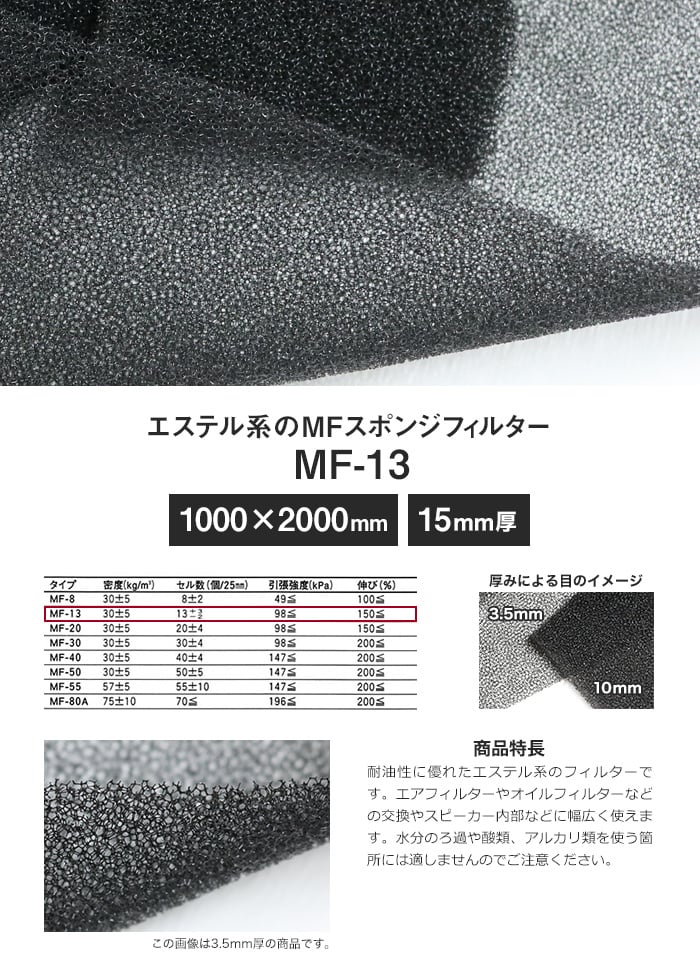 エステル系のMFスポンジフィルター MF-13 15mm厚 1000×2000mm