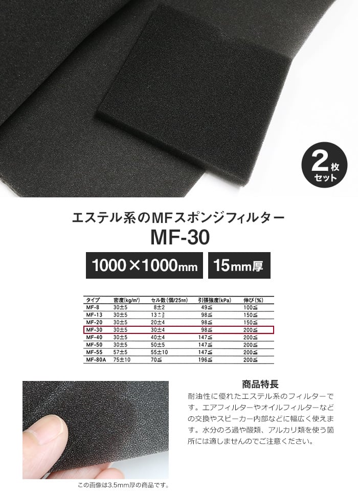 エステル系のMFスポンジフィルター MF-30 15mm厚 1000×1000mm 2枚セット