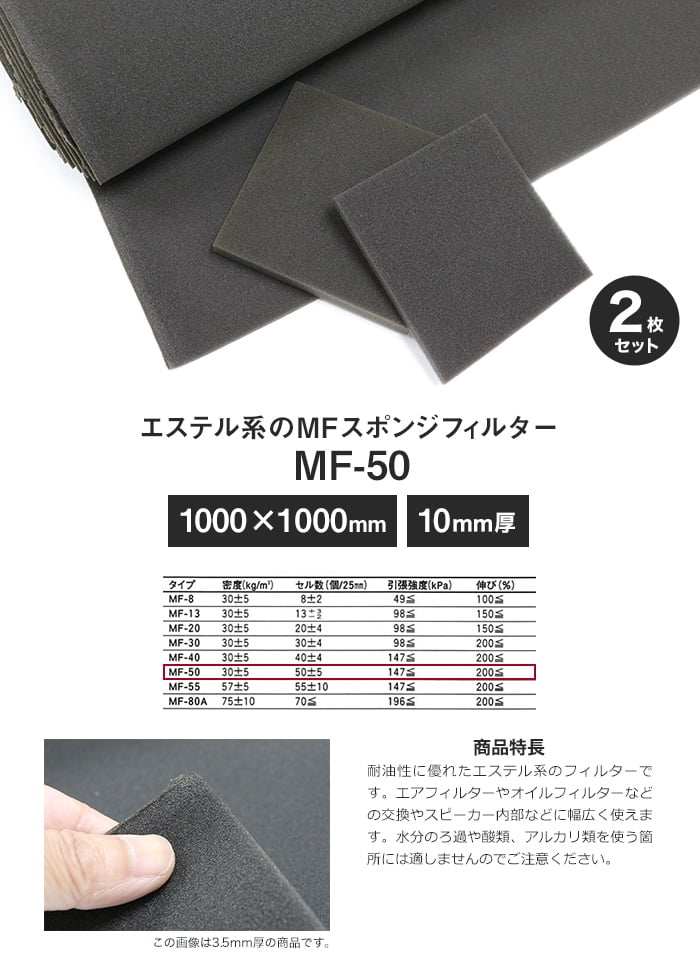 エステル系のMFスポンジフィルター MF-50 10mm厚 1000×1000mm 2枚セット