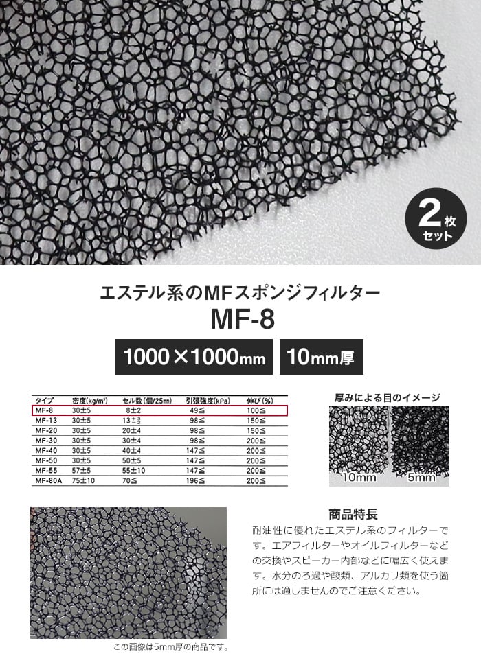 エステル系のMFスポンジフィルター MF-8 10mm厚 1000×1000mm 2枚セット