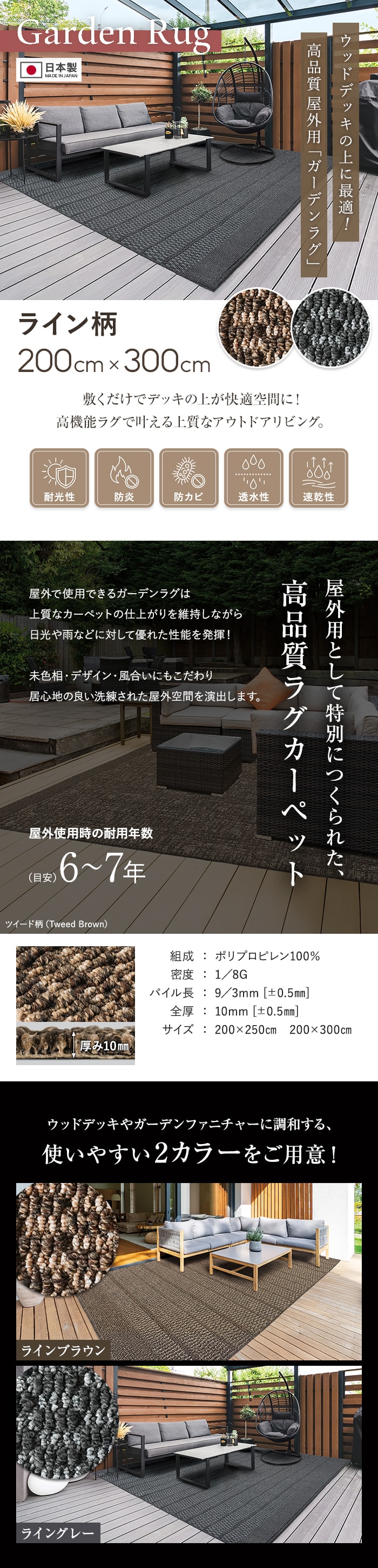 【屋外用ラグ】 ウッドデッキ上に最適！ ガーデンラグ ライン柄 200×300cm 全厚10mm 防炎 防カビ 速乾 透水