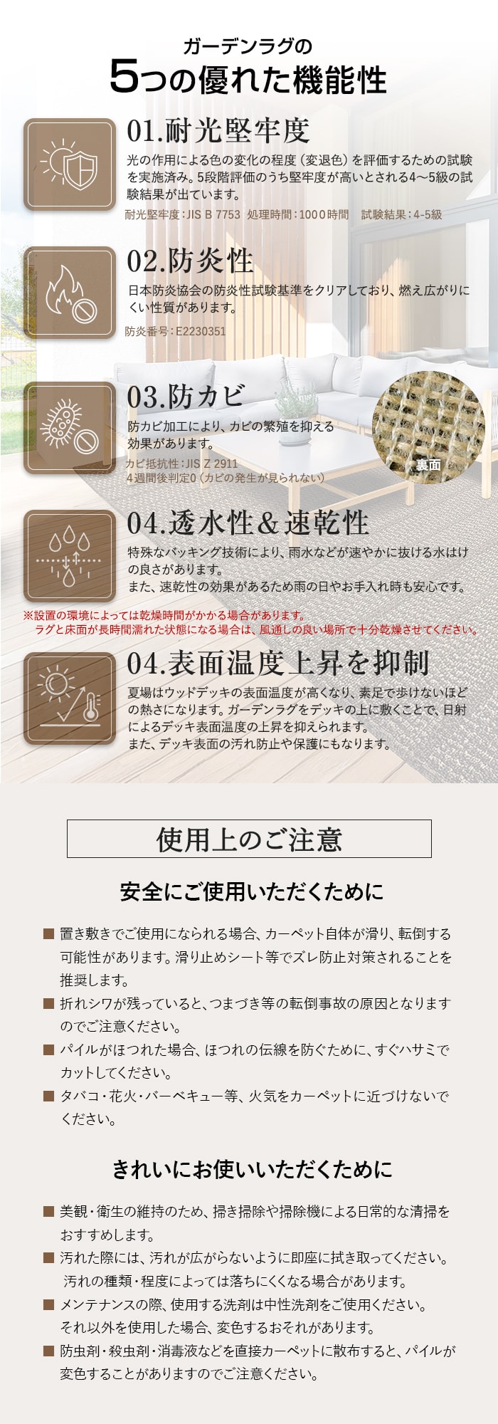 【屋外用ラグ】 ウッドデッキ上に最適！ ガーデンラグ ツイード柄 200×200cm 全厚10mm 防炎 防カビ 速乾 透水