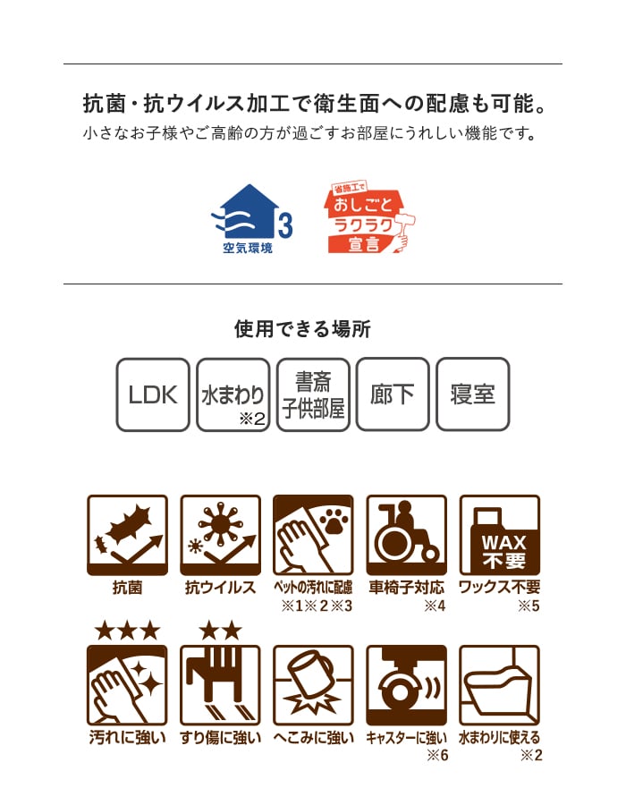 抗菌・抗ウイルス加工で衛生面への配慮も可能。