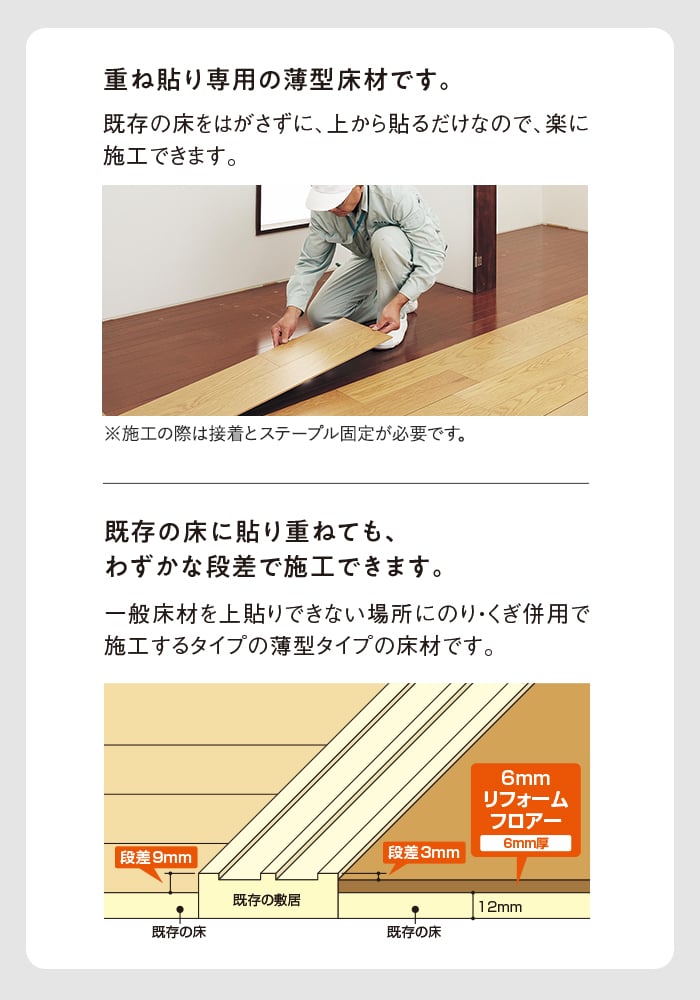 重ね貼り専用の薄型床材です。