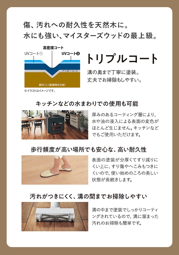 傷、汚れへの耐久性を天然木に。水にも強い、マイスターズウッドの最上級。