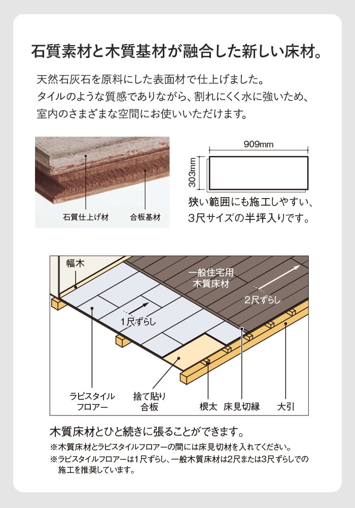 石質素材と木質基材が融合した新しい床材。