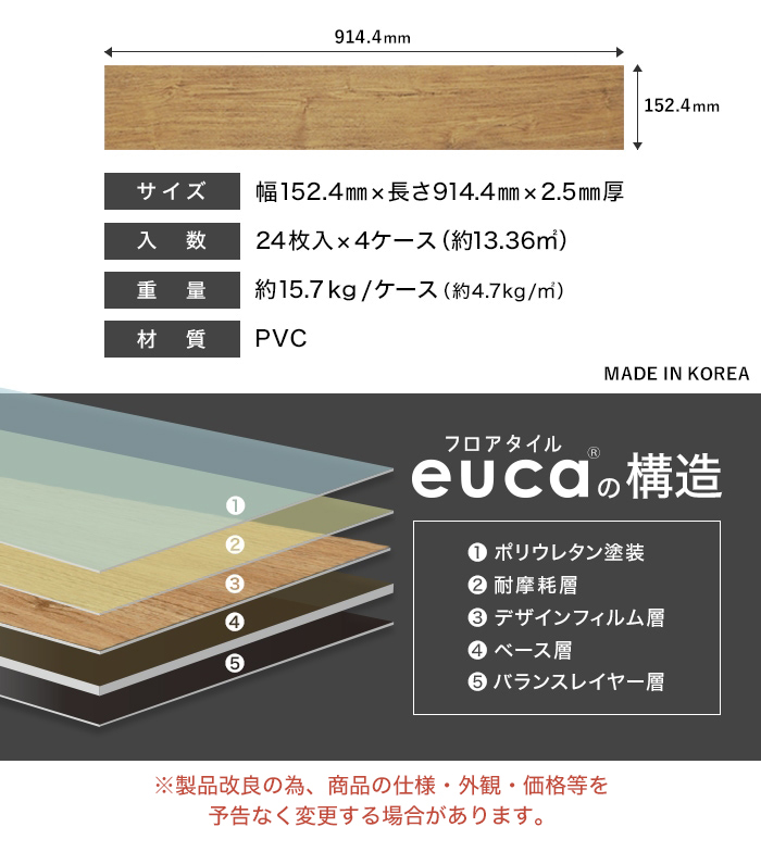 フロアタイル euca ジェネラルウッドstyle 8畳分 4ケースセット (約13.36平米) 